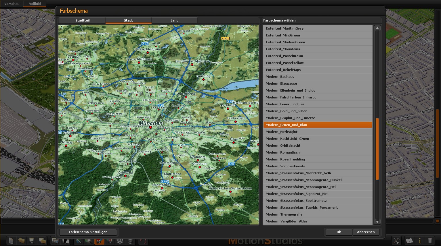 Farbschema-Auswahl von Vasco StreetMaps 15 mit gro�er Kartenvorschau und Preset-Liste