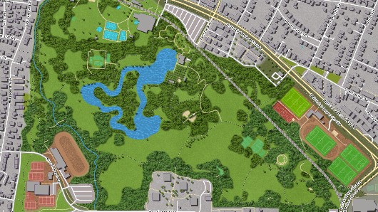 Detailreiche Stadtkarte mit Parkanlage, Wegen und Sportfl�chen