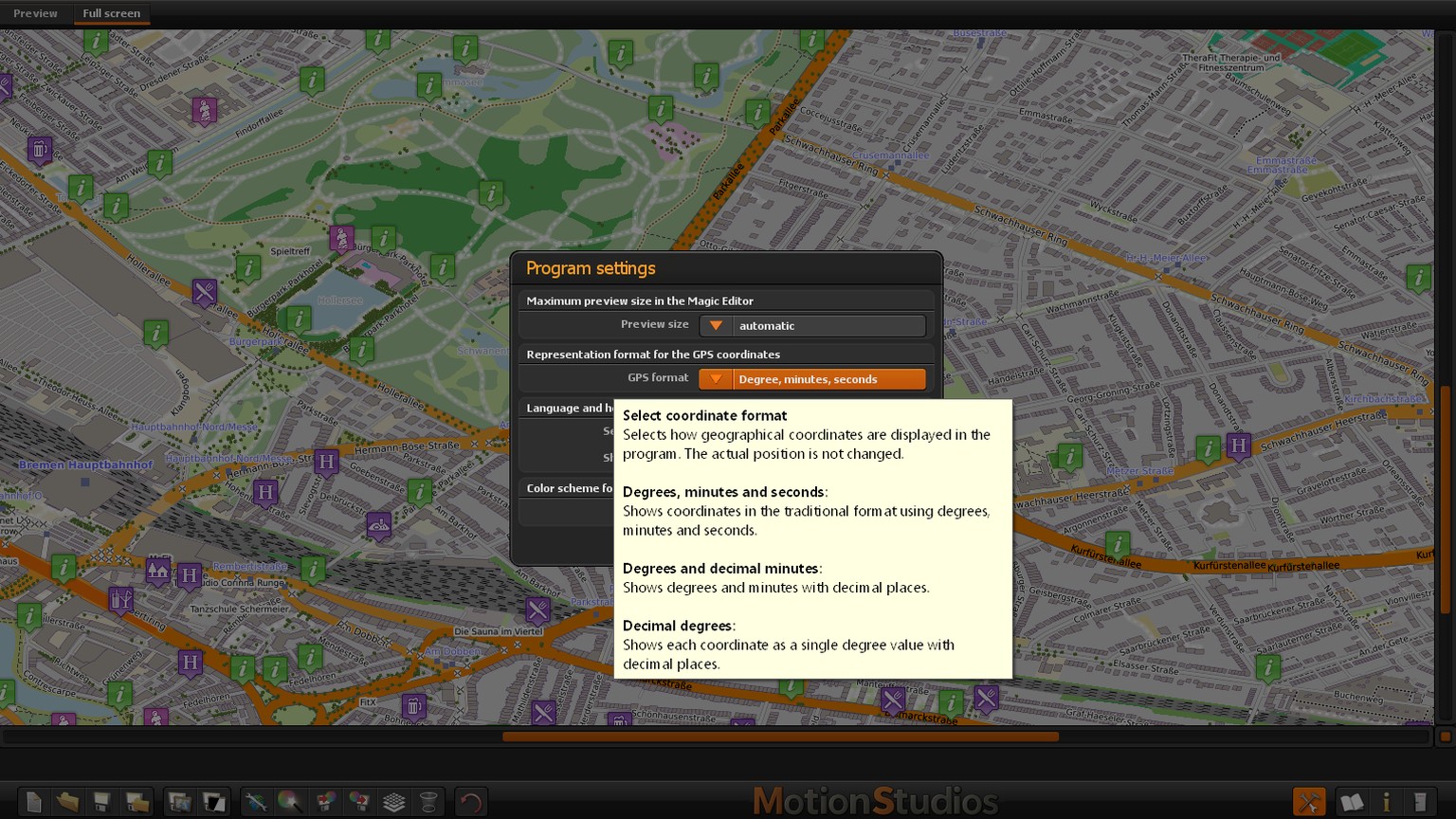 Guida diretta aperta in Vasco StreetMaps 15 con una spiegazione chiara del formato delle coordinate