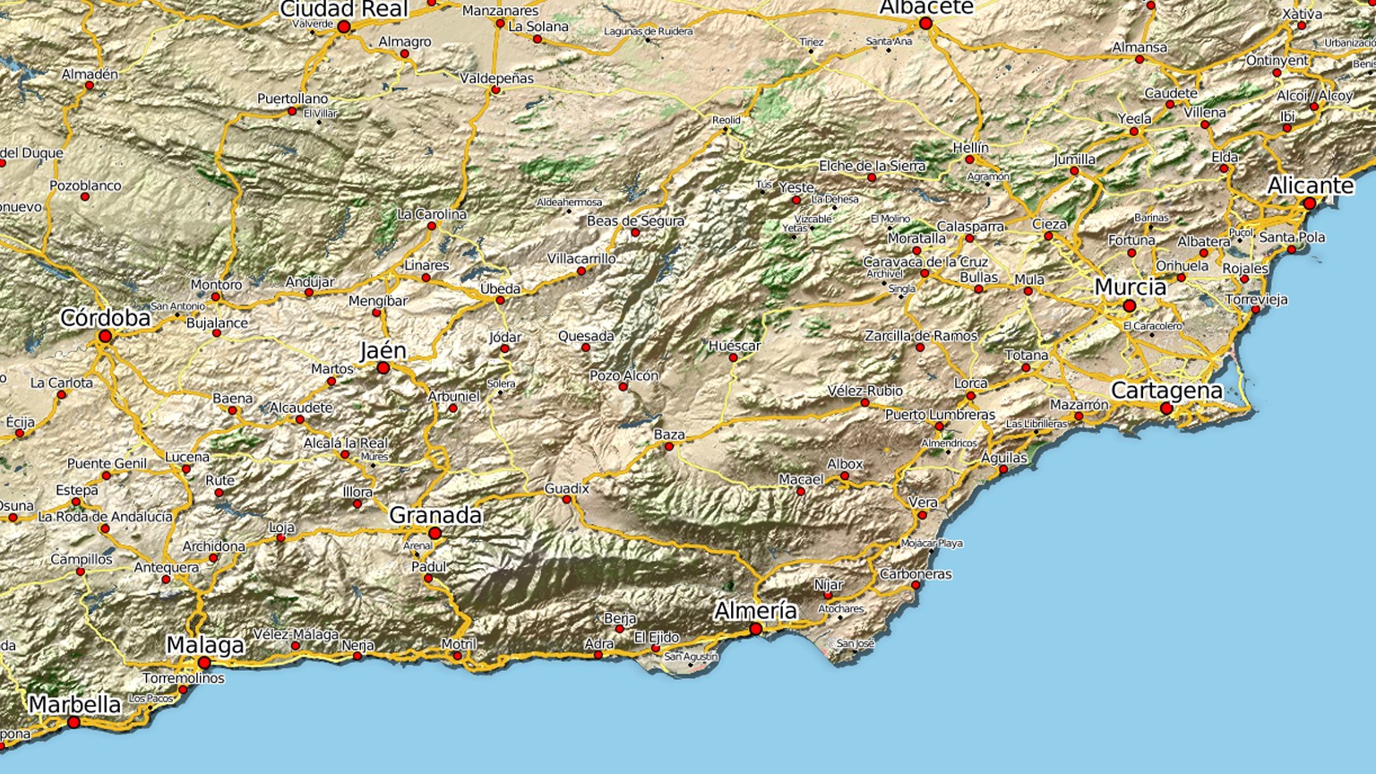 Individuell gestaltete Reliefkarte von S&uuml;dostspanien mit Stra&szlig;en, Orten und plastischer Landschaft