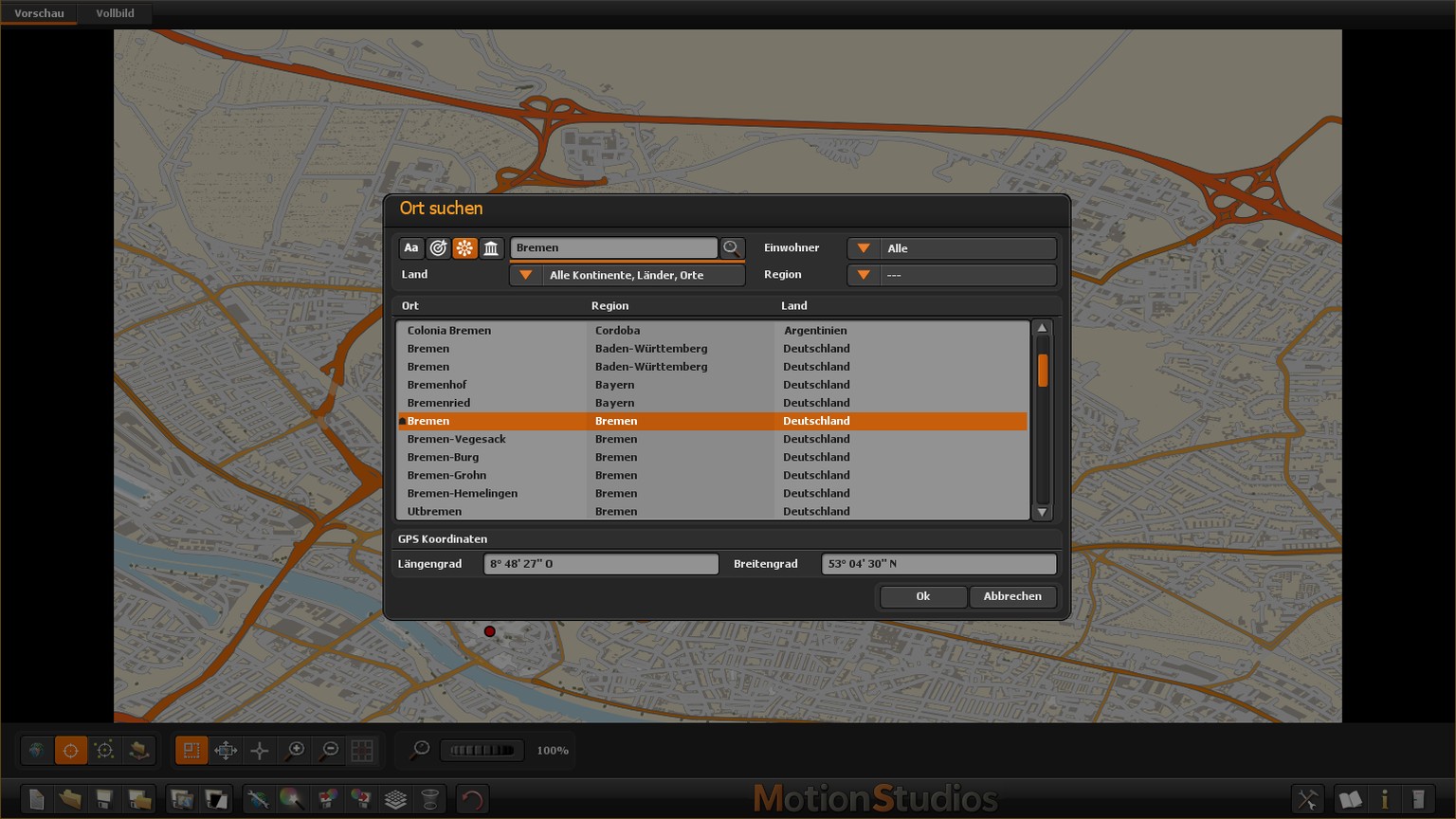 Ortssuche in Vasco StreetMaps 15 am Beispiel Bremen