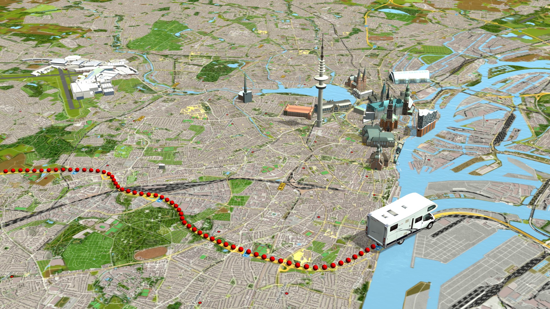 Mit Vasco StreetMaps gestaltete 3D-Stra&szlig;enkarte von Hamburg mit Wohnmobilroute und Sehensw&uuml;rdigkeiten